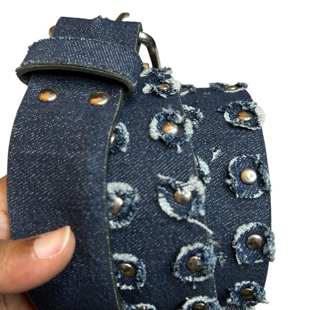Denim Belt Y2K Distressed Studded Western Indie Sleaze Blue Jean Buckle 43in